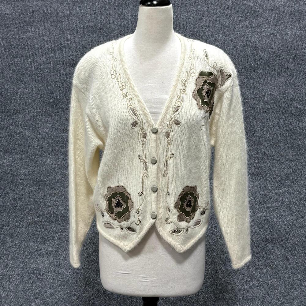Vintage Evan Davies Sweater Cardigan Womens Large Cream White Angora Wool 80s